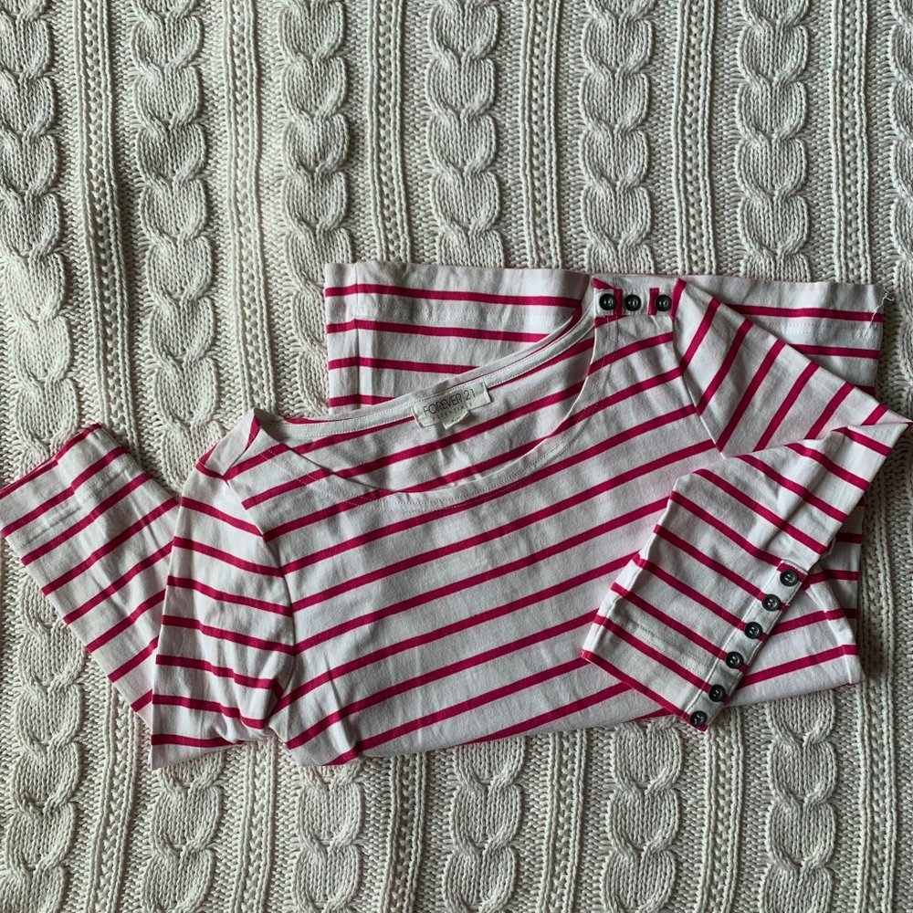 Forever 21 Pink/White Stripe 3/4 Sleeve Top